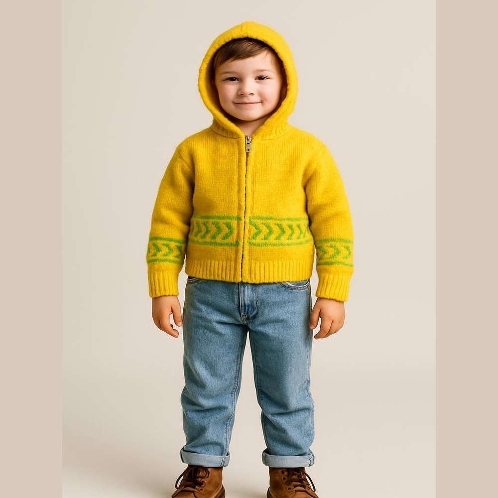 Aztec Wool Zip Up Hoodie Yellow Green Small Vintage